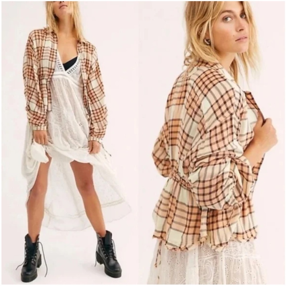 Free People Plaid Button Down Shirt in Brown and Cream sz S - Picture 2 of 8